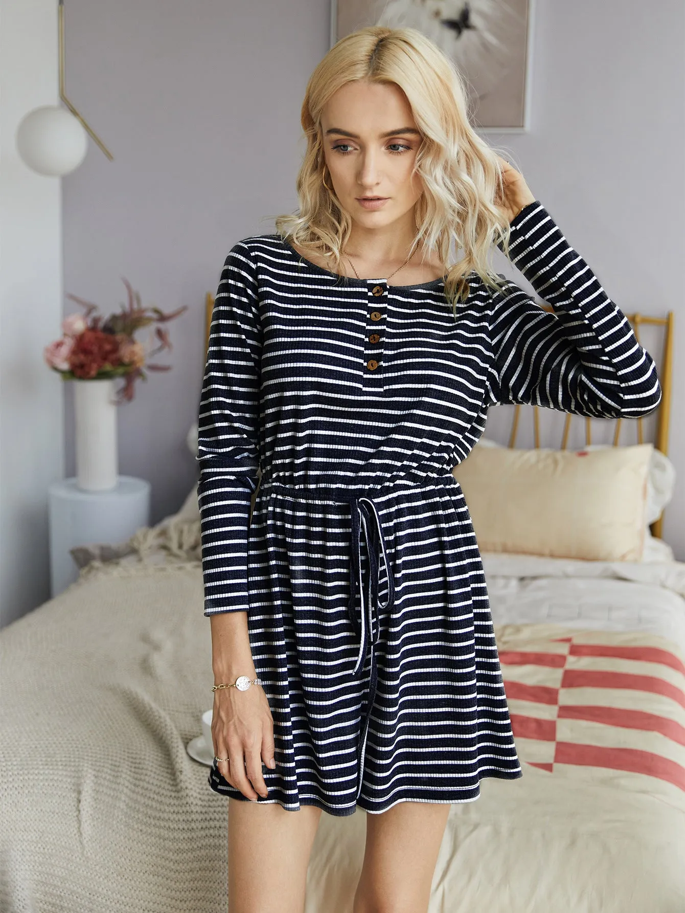Striped Lace-up Single-breasted Jumpsuits Loungewear Rompers