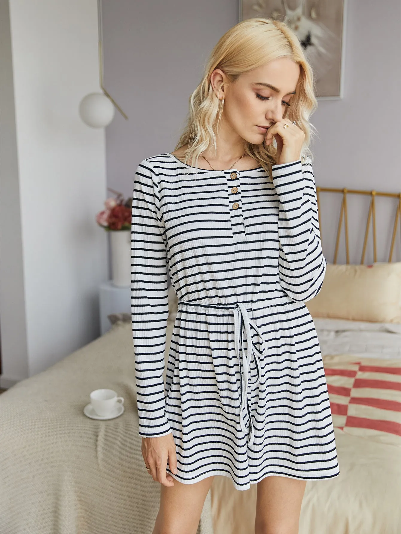 Striped Lace-up Single-breasted Jumpsuits Loungewear Rompers