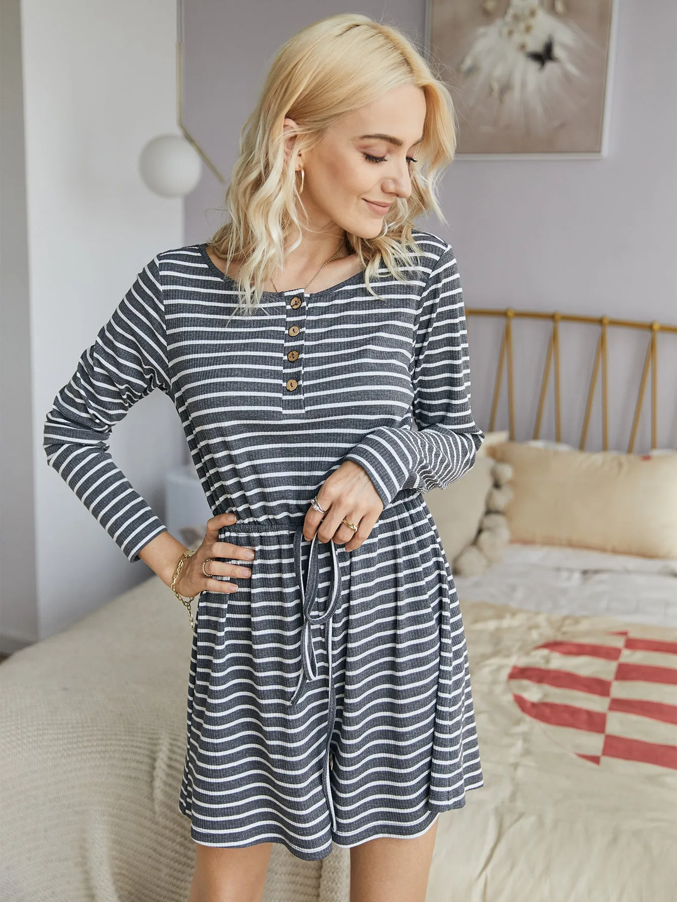 Striped Lace-up Single-breasted Jumpsuits Loungewear Rompers