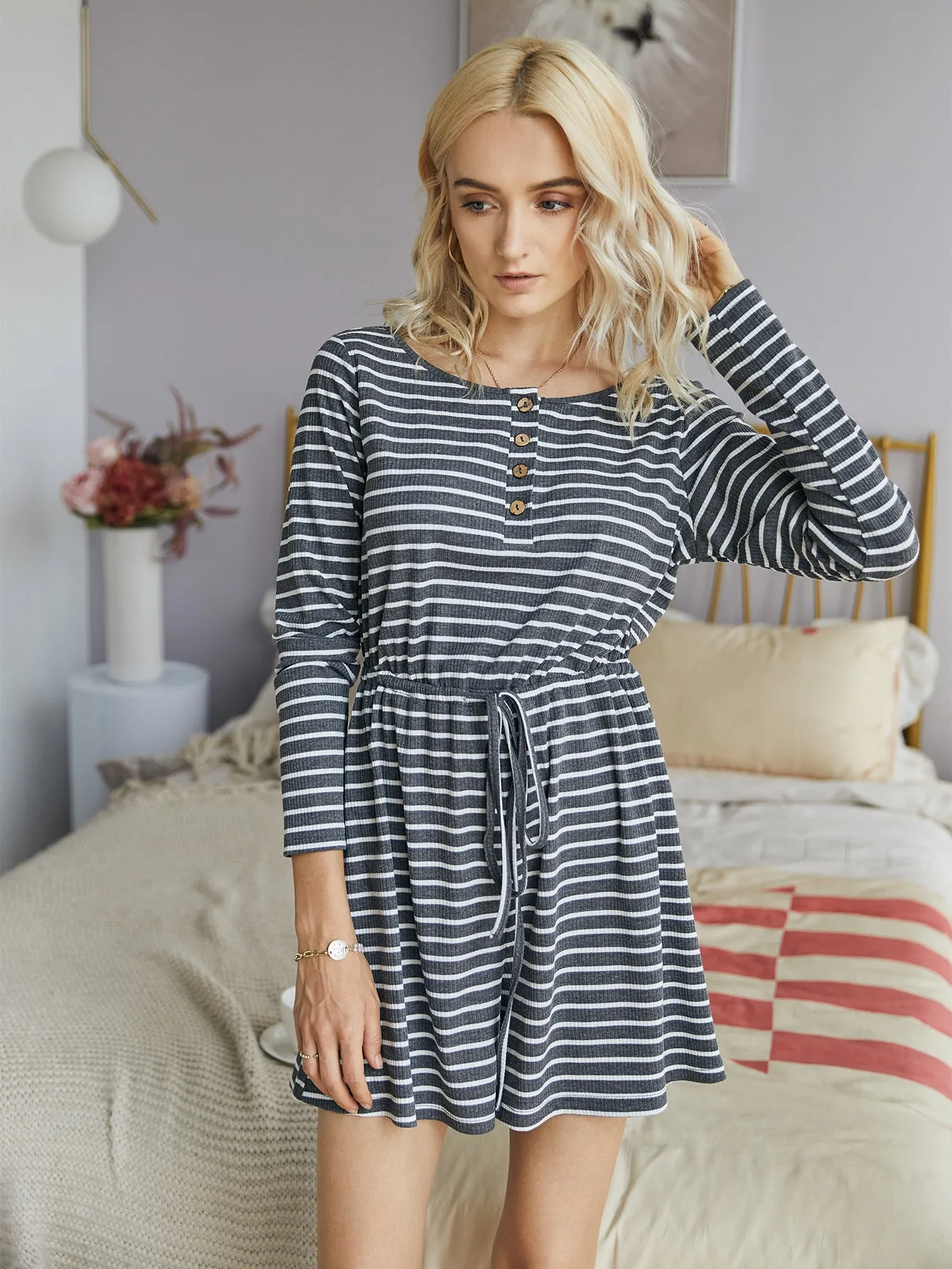 Striped Lace-up Single-breasted Jumpsuits Loungewear Rompers