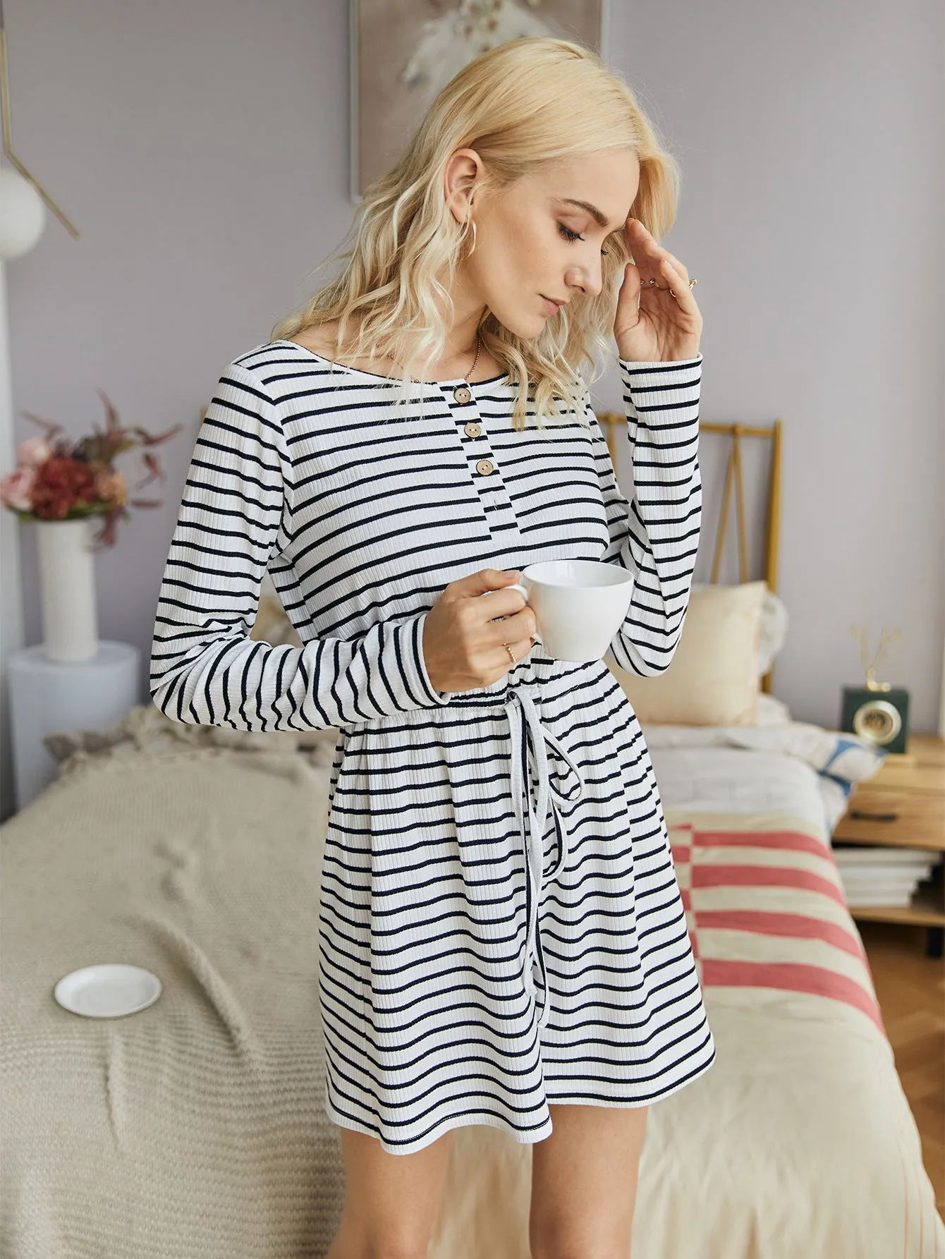 Striped Lace-up Single-breasted Jumpsuits Loungewear Rompers