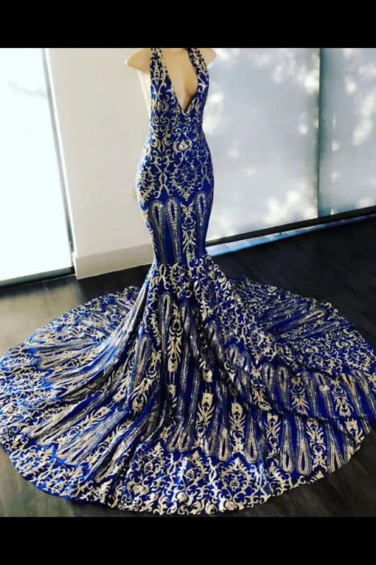 Stunning Glitter Deep V-neck Sleeveless Mermaid Prom Dresses