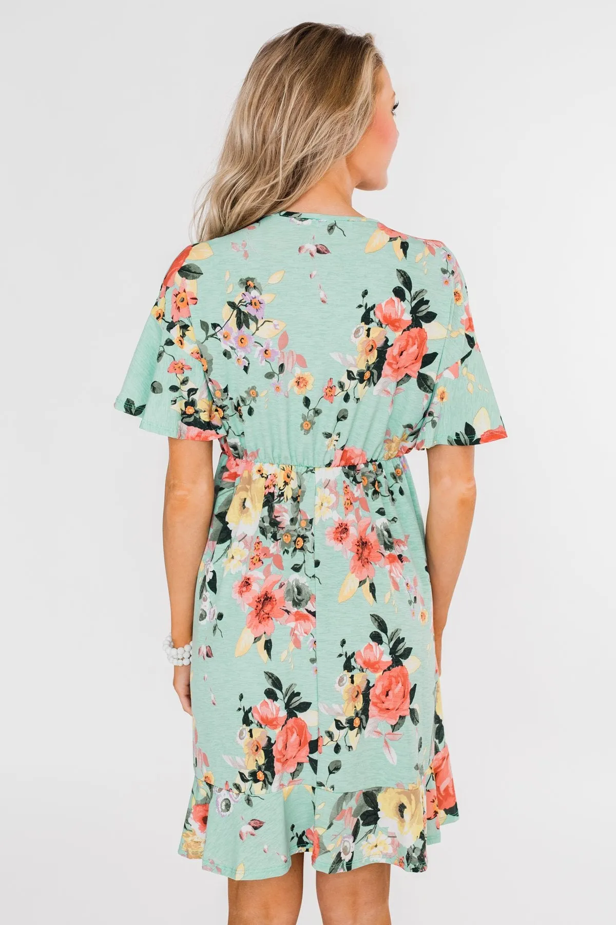 Time To Twirl Floral Ruffle & Wrap Dress- Blue