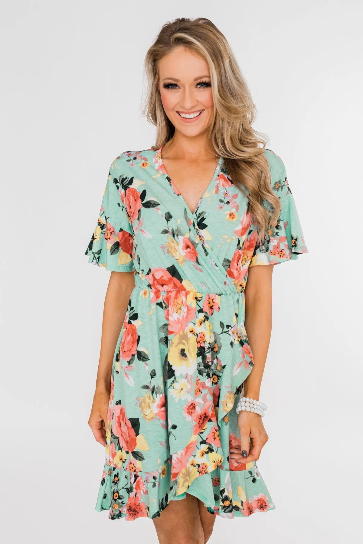 Time To Twirl Floral Ruffle & Wrap Dress- Blue