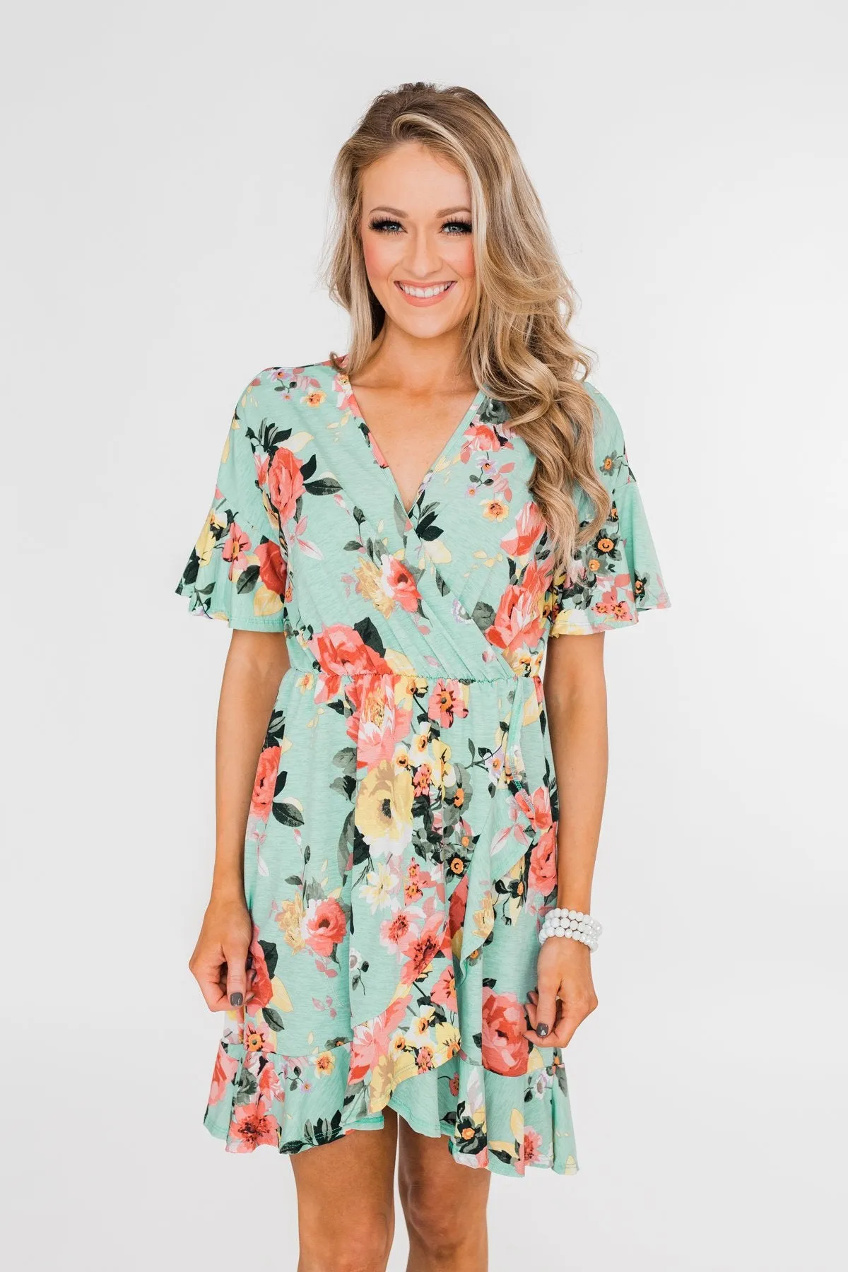 Time To Twirl Floral Ruffle & Wrap Dress- Blue