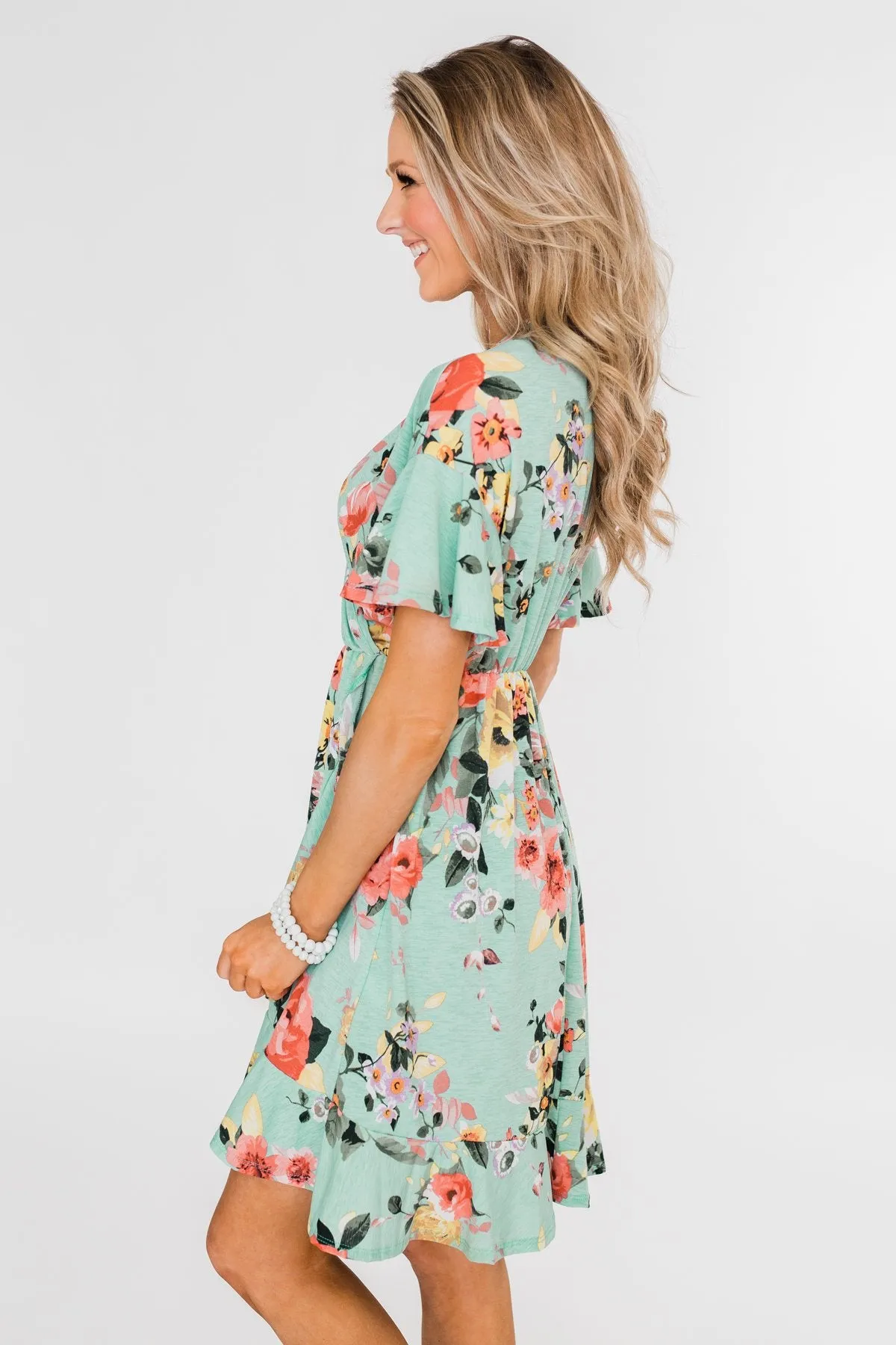 Time To Twirl Floral Ruffle & Wrap Dress- Blue