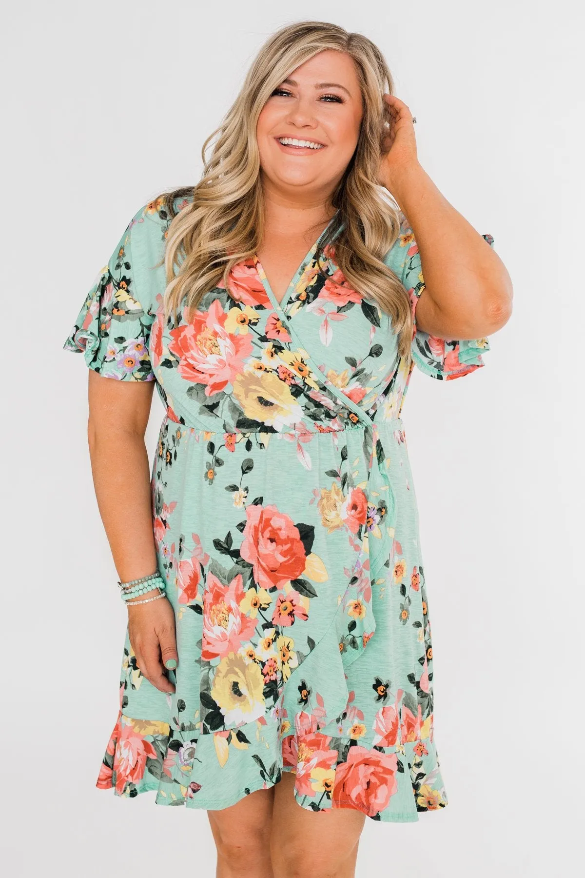 Time To Twirl Floral Ruffle & Wrap Dress- Blue