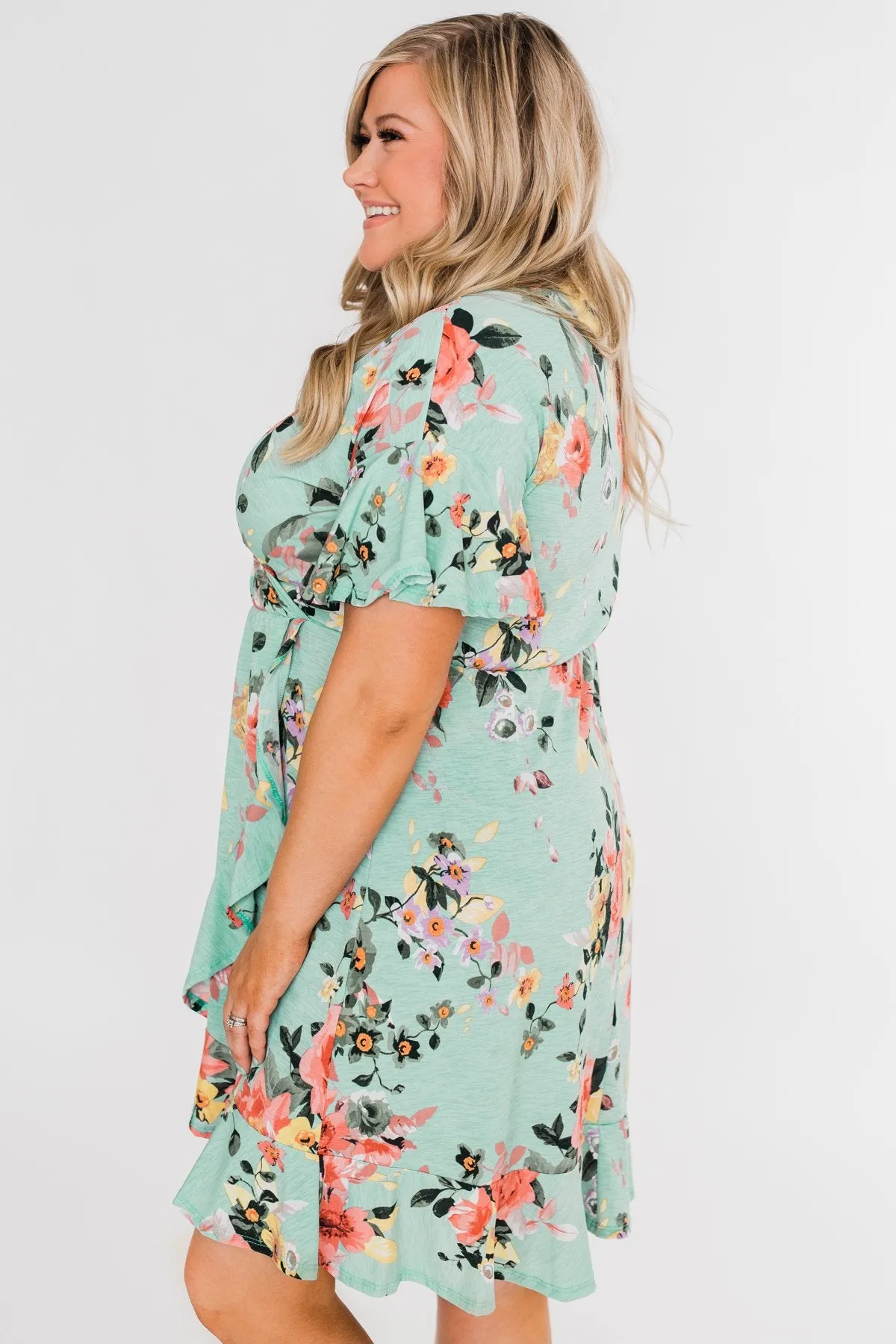 Time To Twirl Floral Ruffle & Wrap Dress- Blue