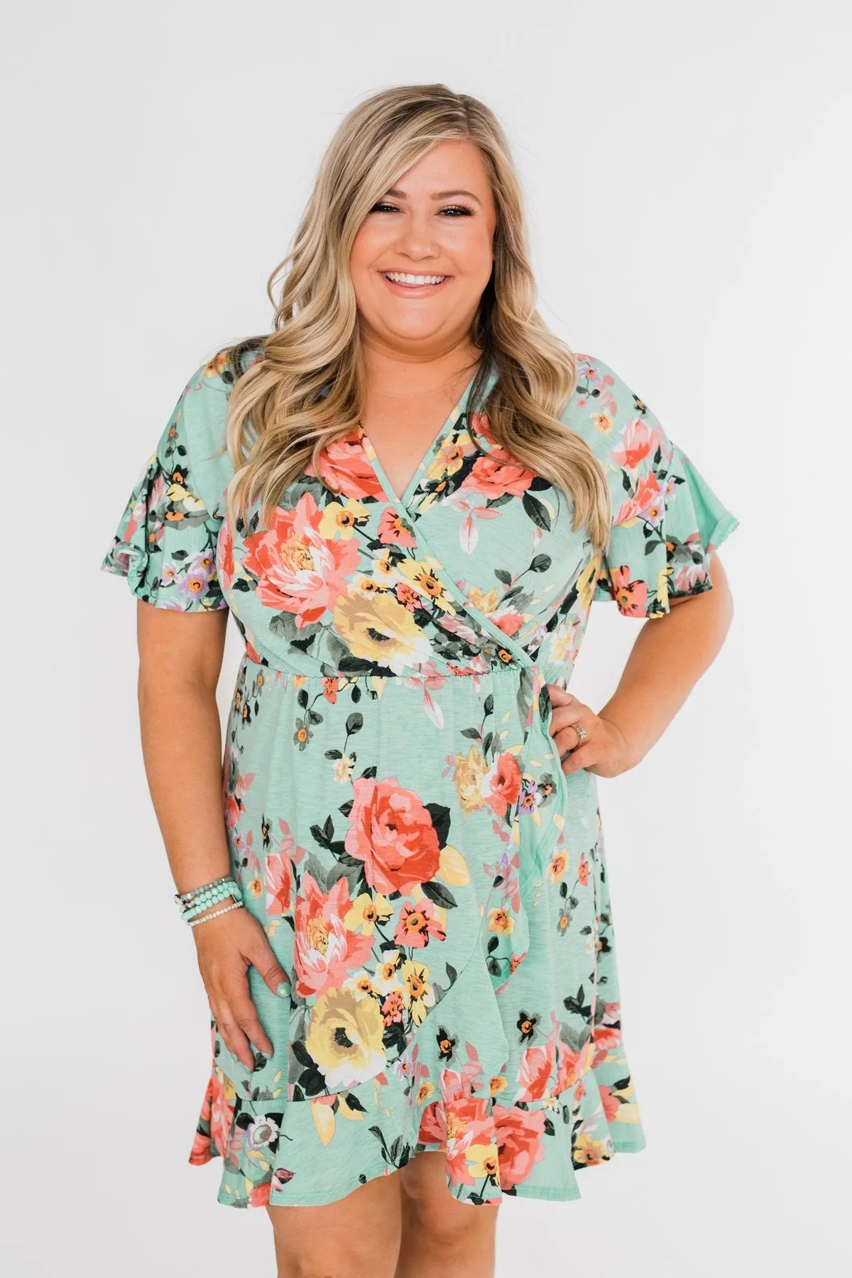 Time To Twirl Floral Ruffle & Wrap Dress- Blue