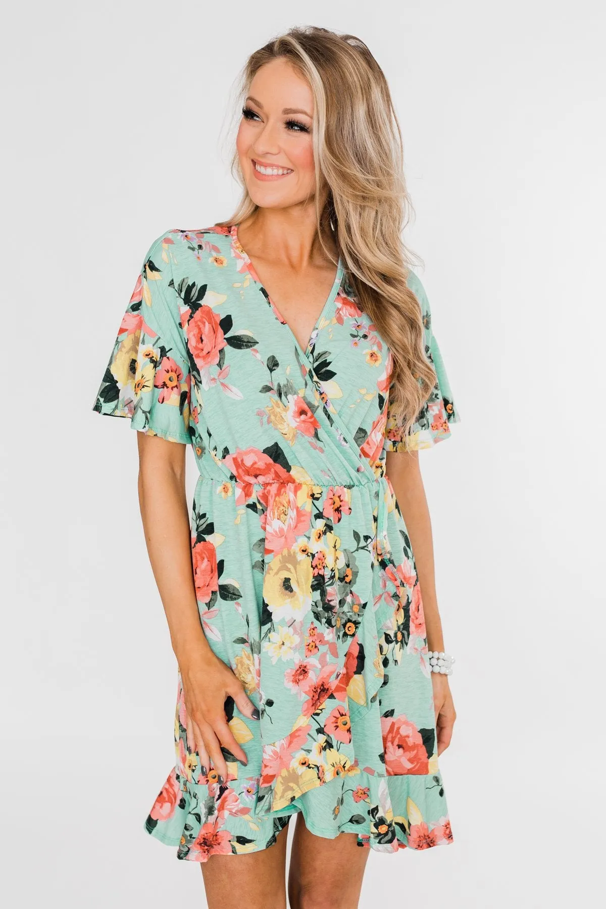 Time To Twirl Floral Ruffle & Wrap Dress- Blue
