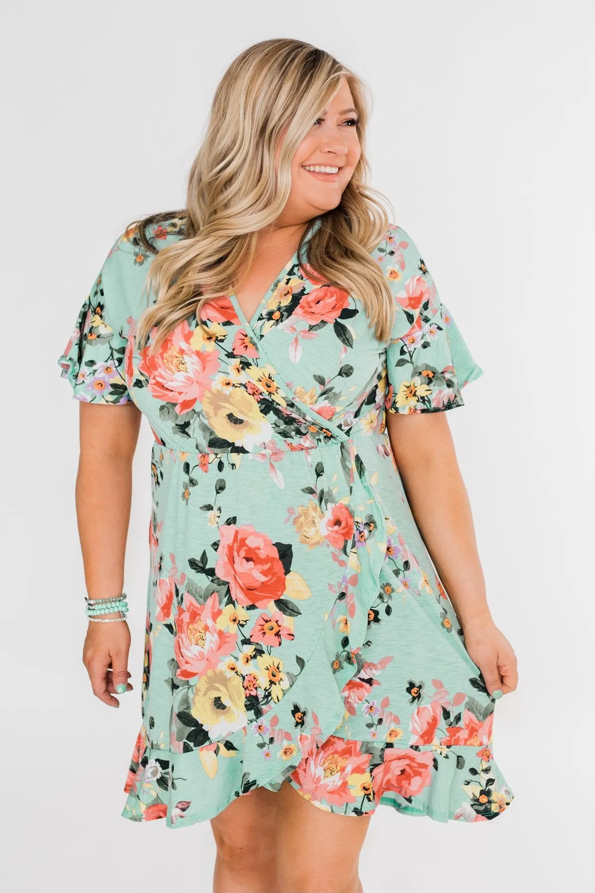 Time To Twirl Floral Ruffle & Wrap Dress- Blue
