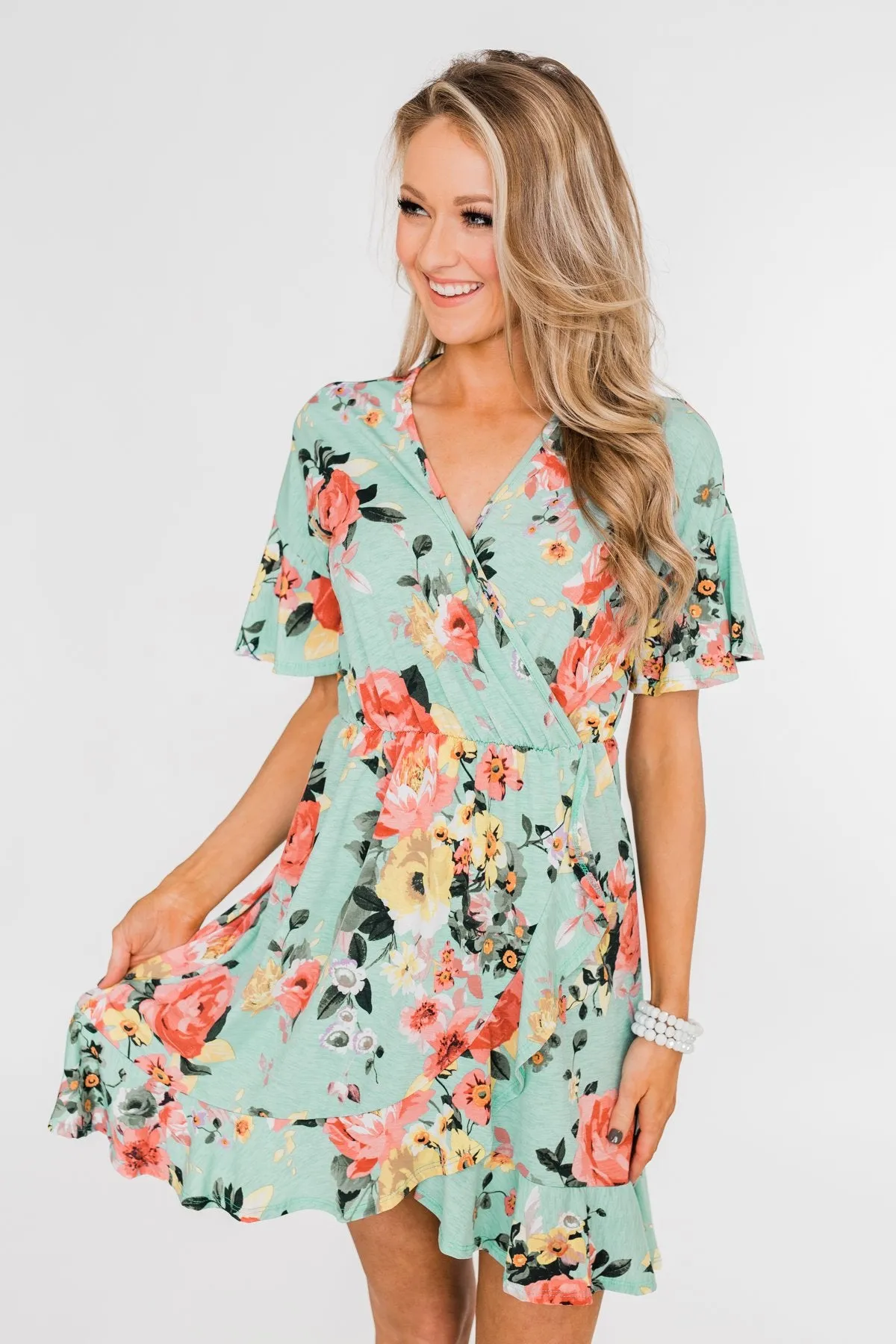 Time To Twirl Floral Ruffle & Wrap Dress- Blue