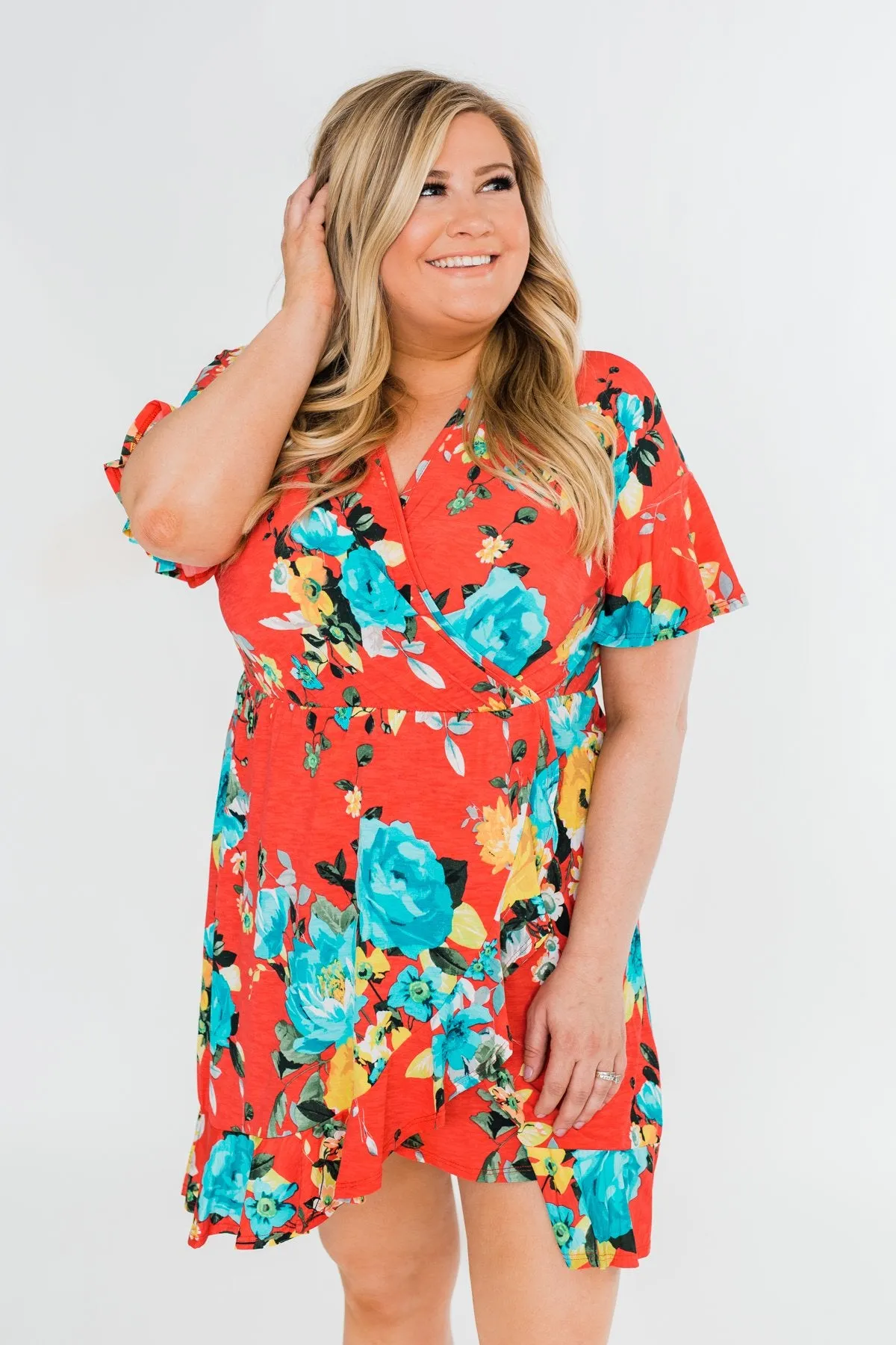 Time To Twirl Floral Ruffle & Wrap Dress- Deep Coral