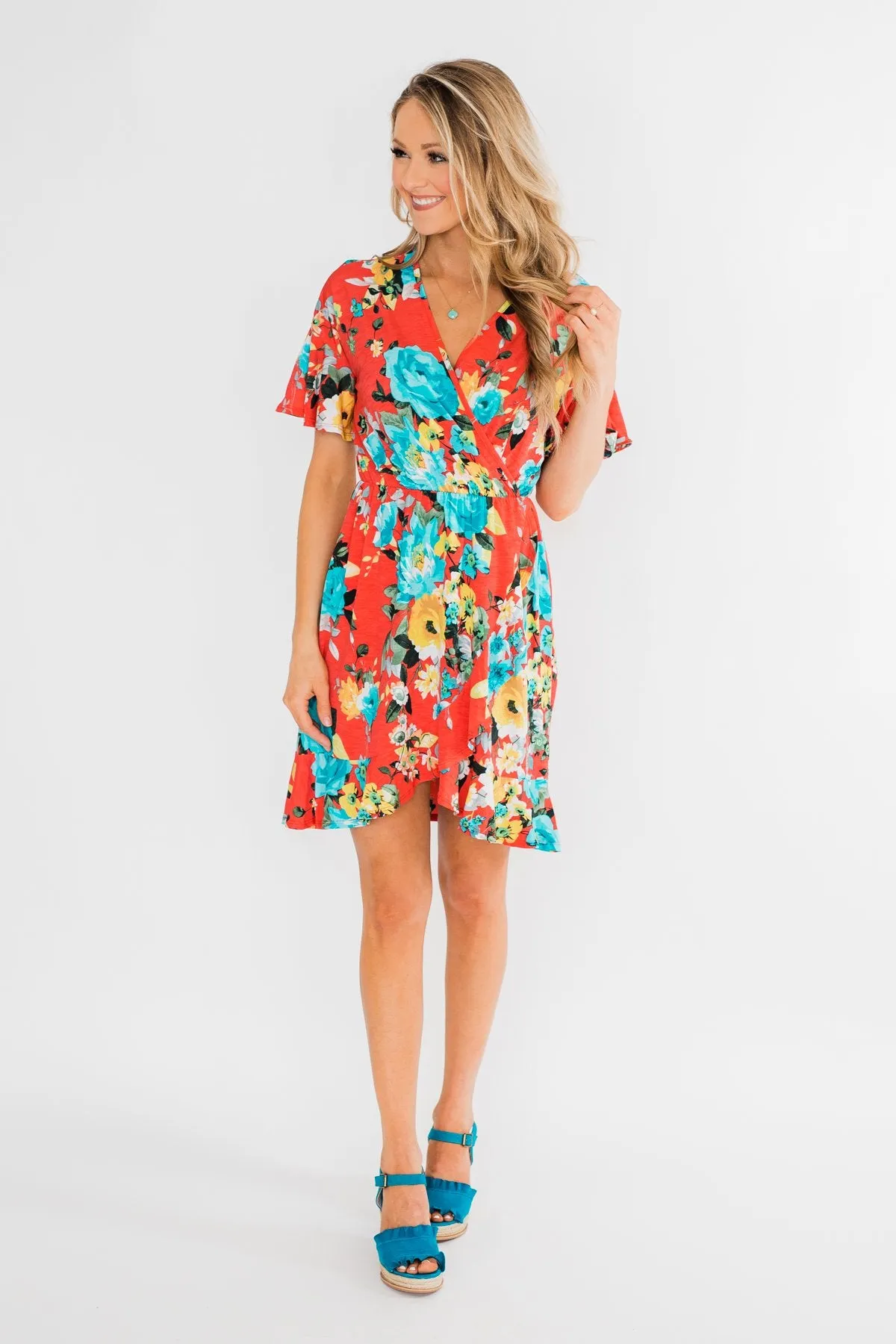Time To Twirl Floral Ruffle & Wrap Dress- Deep Coral