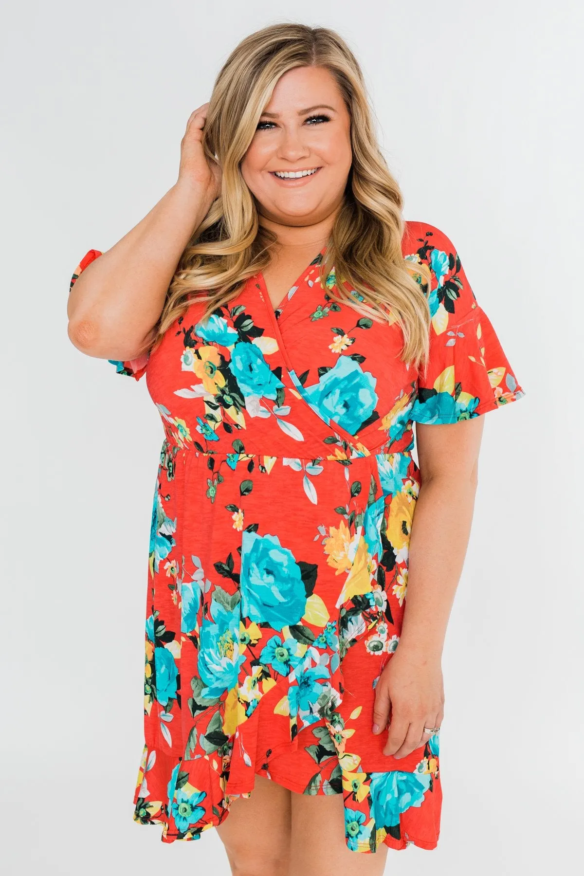 Time To Twirl Floral Ruffle & Wrap Dress- Deep Coral