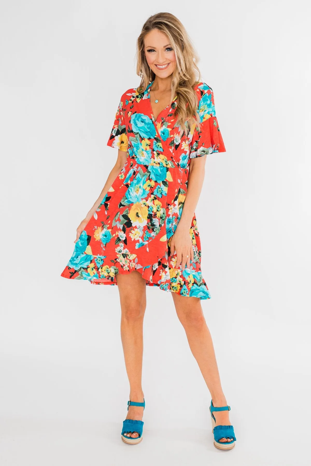 Time To Twirl Floral Ruffle & Wrap Dress- Deep Coral