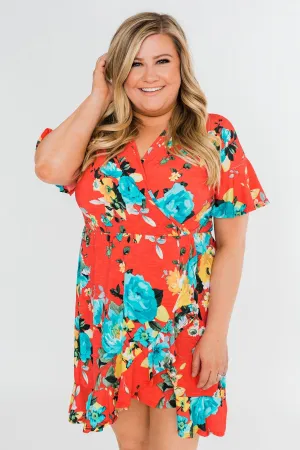 Time To Twirl Floral Ruffle & Wrap Dress- Deep Coral