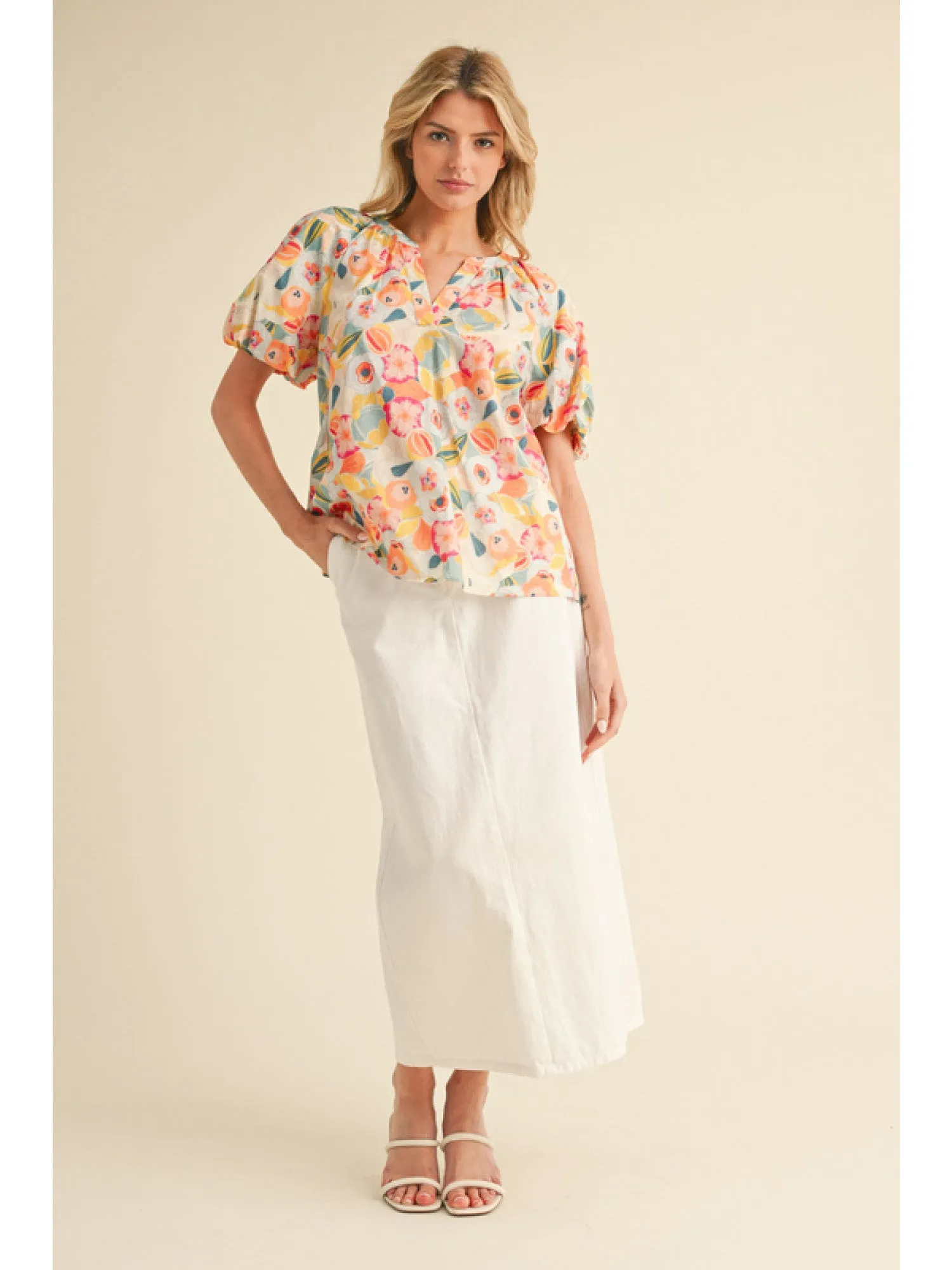 Tiona Floral Print Blouse with Split Neck