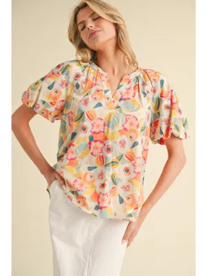 Tiona Floral Print Blouse with Split Neck
