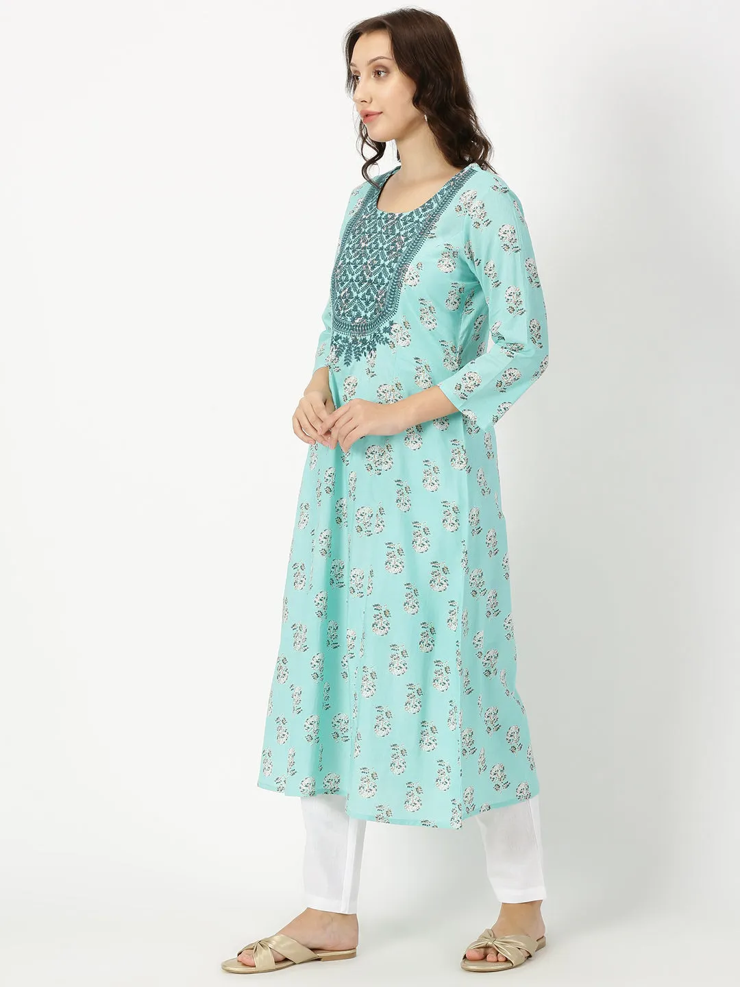 Turquoise Blue Floral Print Kurta with Yoke Embroidery