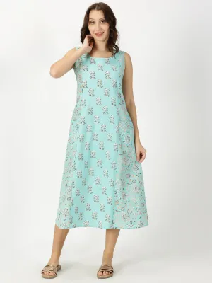 Turquoise Blue Floral Print Panelled Midi Dress