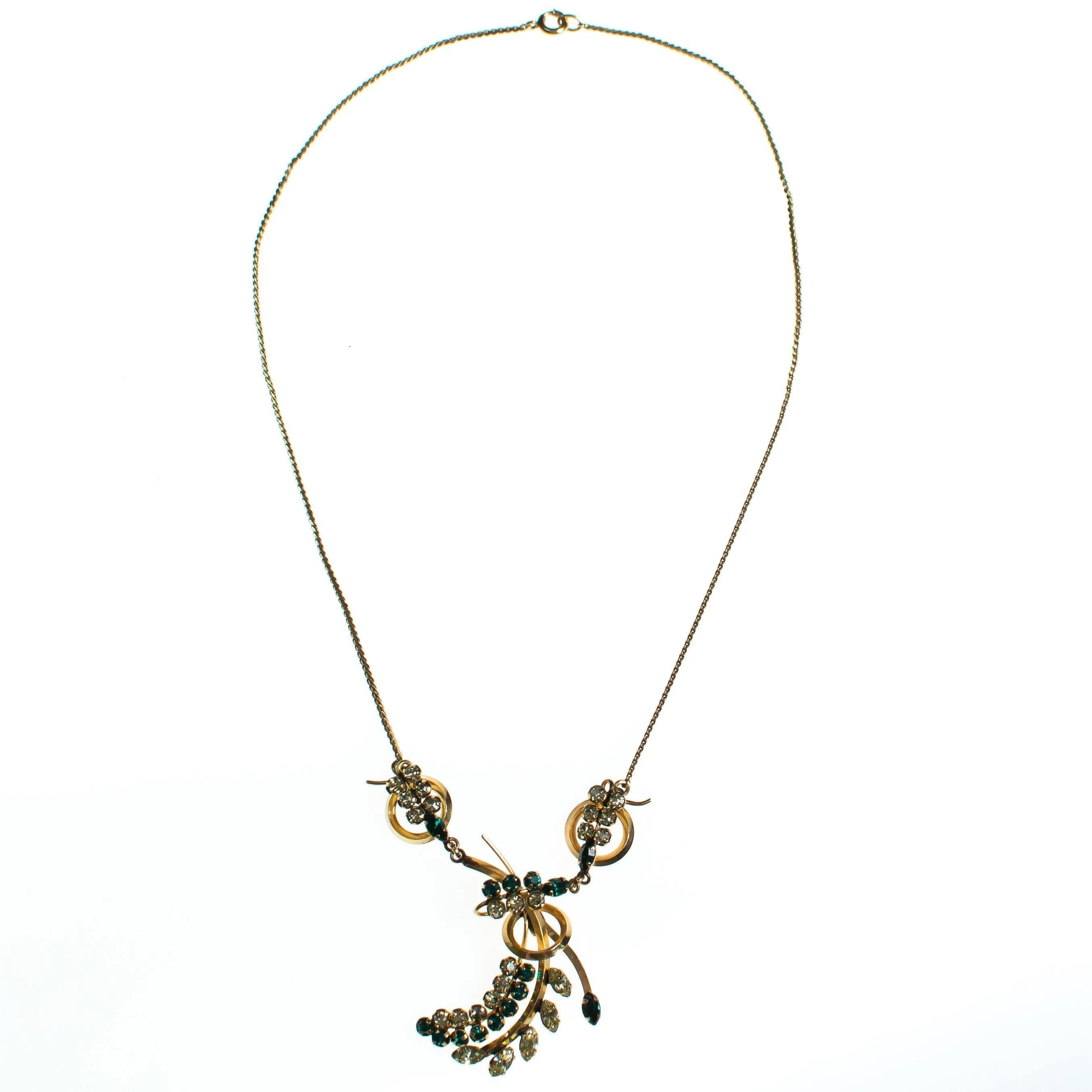 Vintage 1940s 1/20 12 kt Gold Filled Emerald and Yellow Rhinestone Floral Spray Necklace