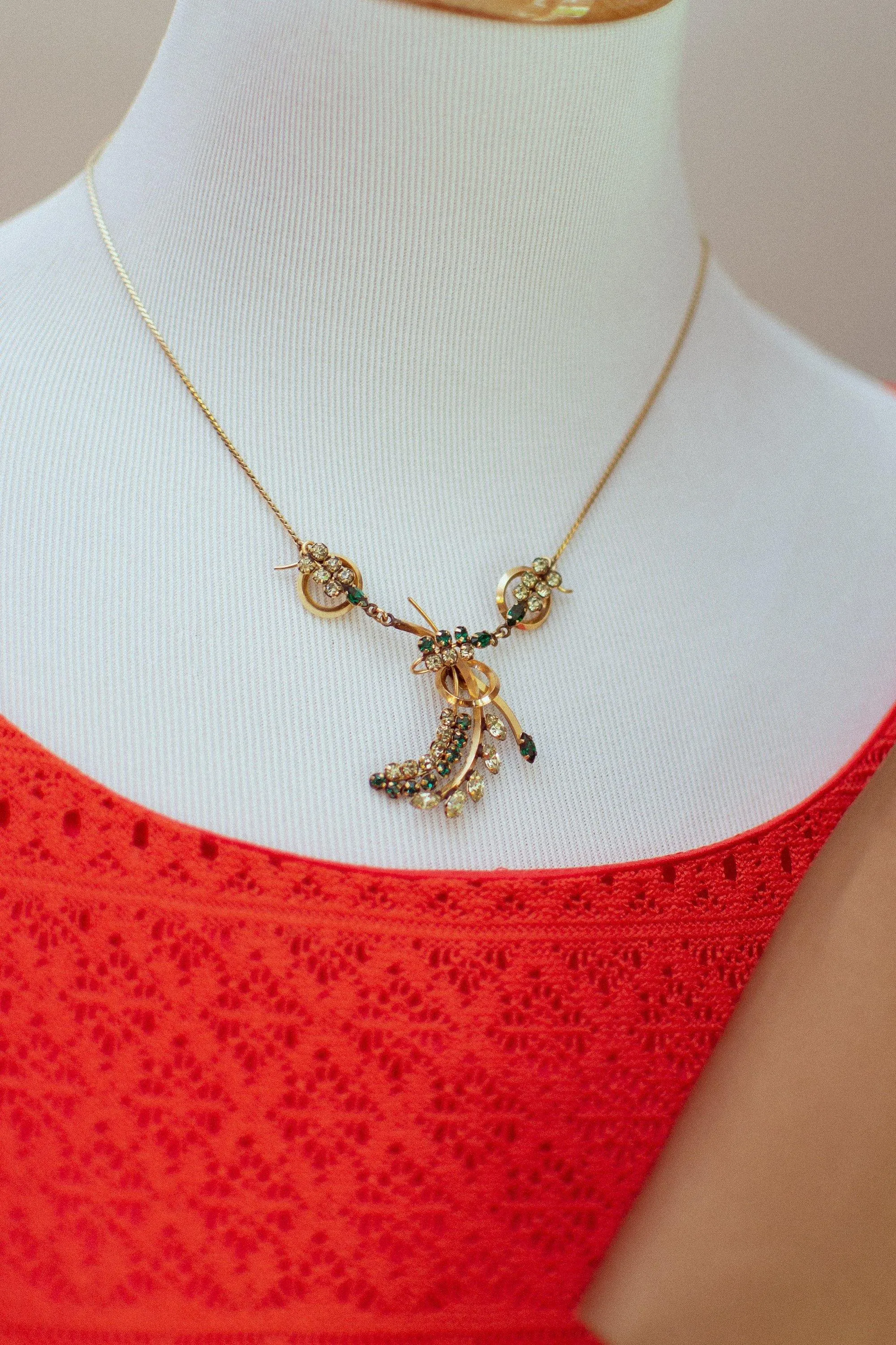 Vintage 1940s 1/20 12 kt Gold Filled Emerald and Yellow Rhinestone Floral Spray Necklace