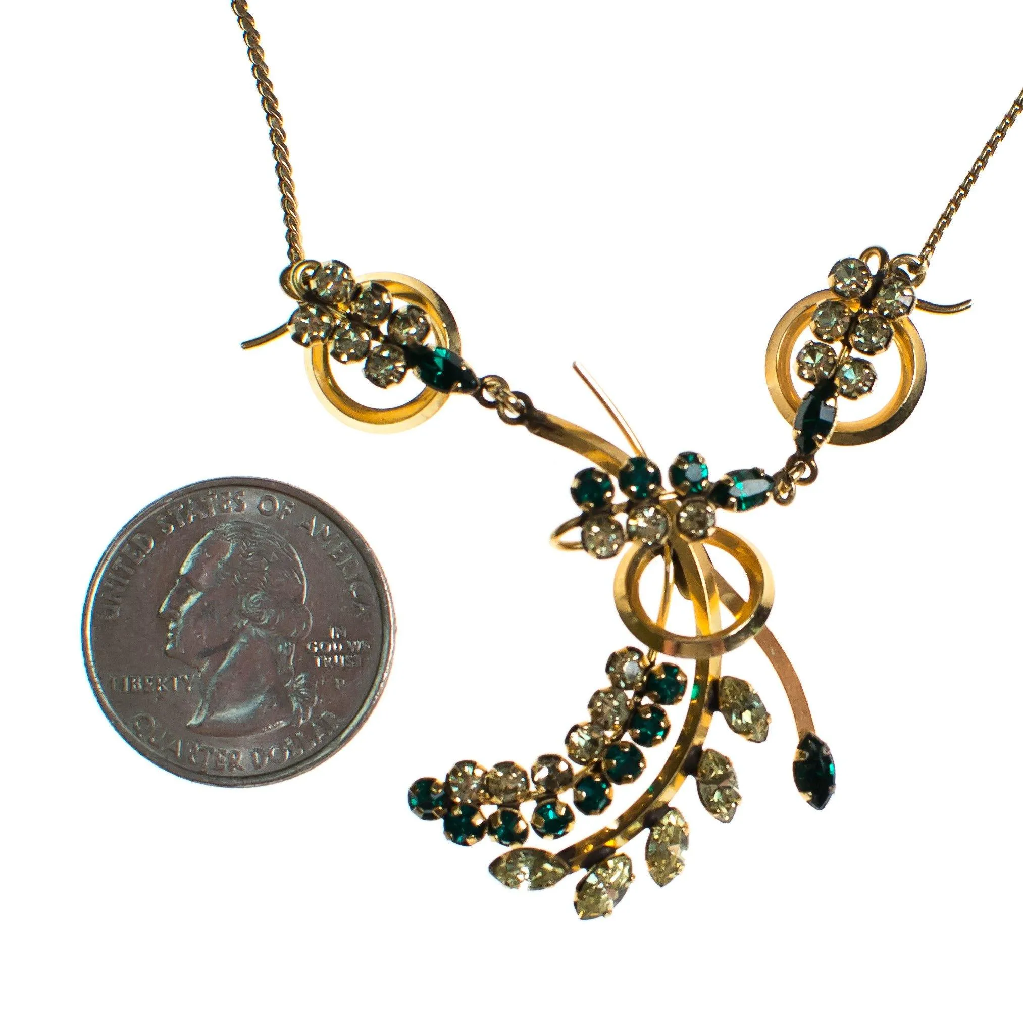 Vintage 1940s 1/20 12 kt Gold Filled Emerald and Yellow Rhinestone Floral Spray Necklace