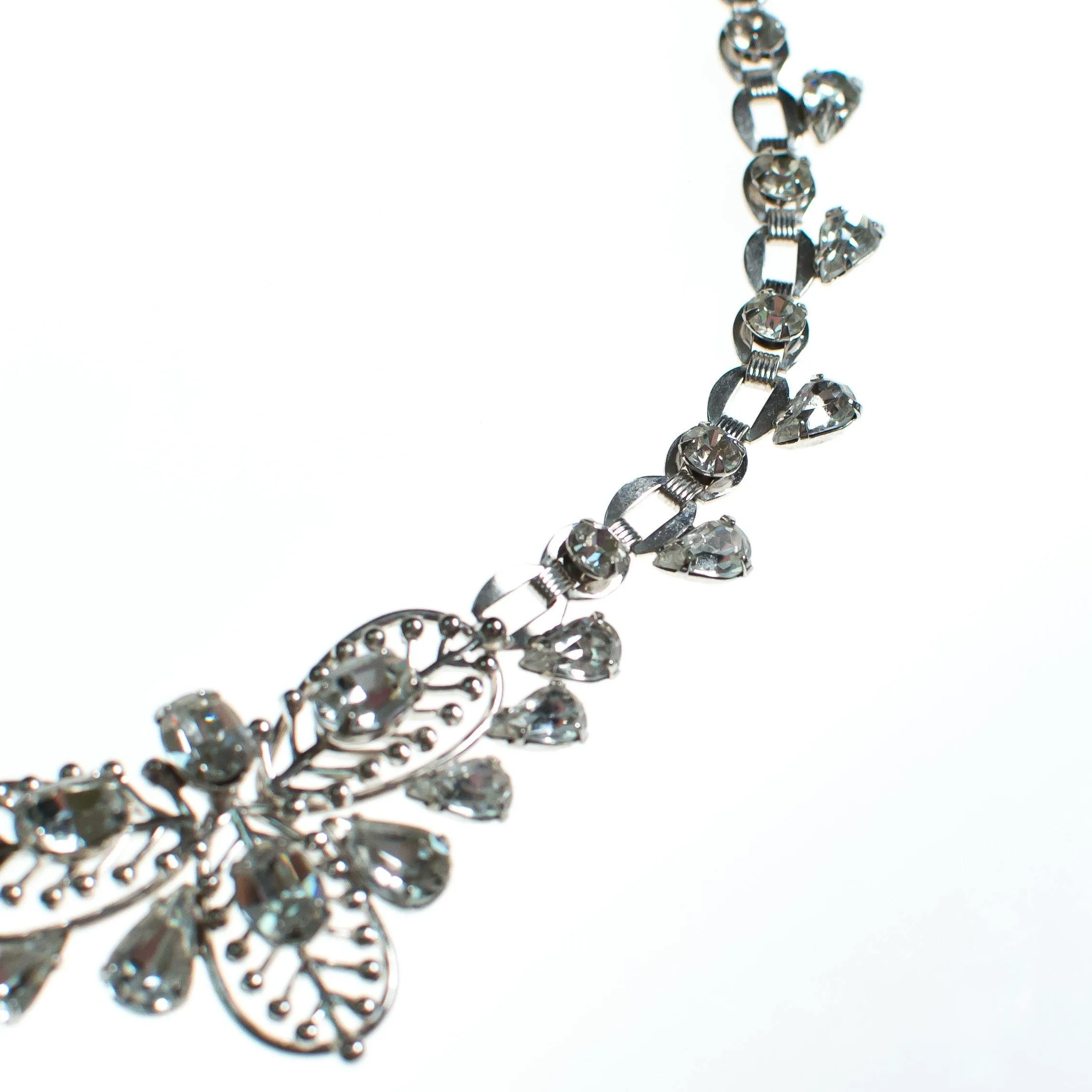 Vintage Silver Rhinestone Floral Garland Style Leaf Choker Necklace