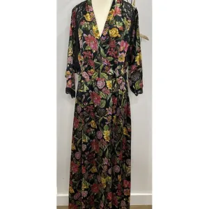 Vintage VANITY FAIR Small KIMONO Wrap ROBE Long Black TROPICAL FLORAL Nylon USA