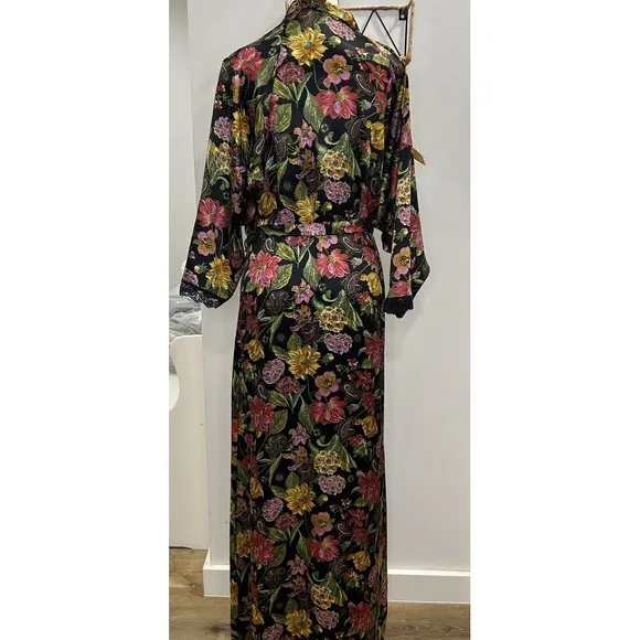 Vintage VANITY FAIR Small KIMONO Wrap ROBE Long Black TROPICAL FLORAL Nylon USA