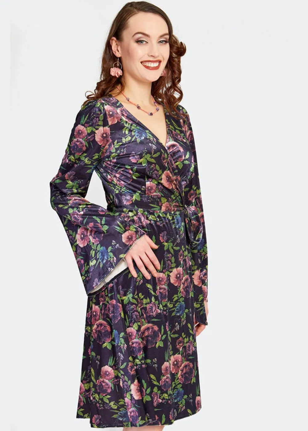 Voodoo Vixen Secret Garden Velvet Floral 70's Wrap Dress Navy
