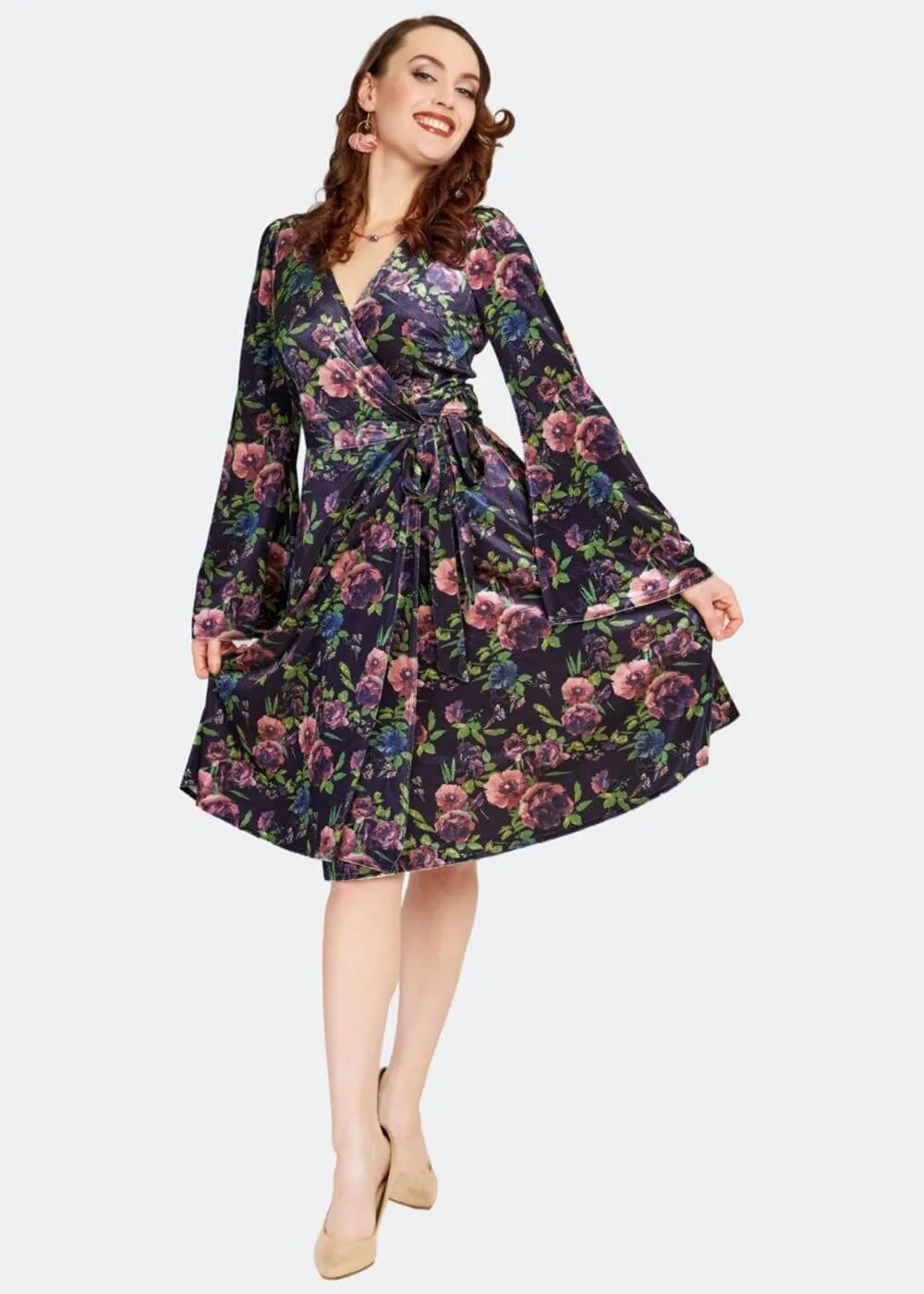 Voodoo Vixen Secret Garden Velvet Floral 70's Wrap Dress Navy