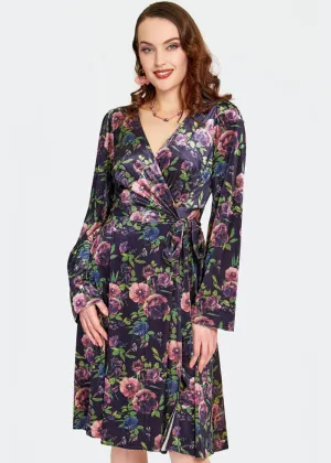 Voodoo Vixen Secret Garden Velvet Floral 70's Wrap Dress Navy
