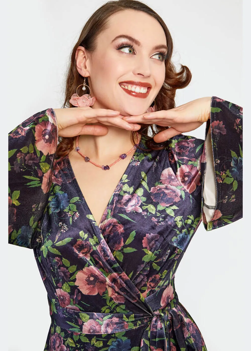 Voodoo Vixen Secret Garden Velvet Floral 70's Wrap Dress Navy