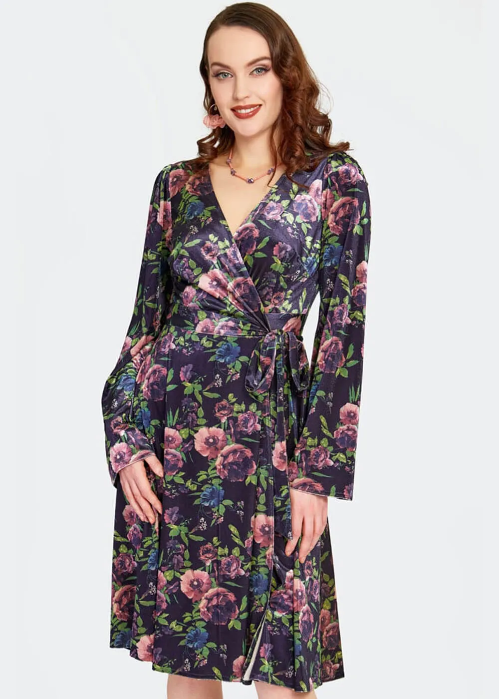 Voodoo Vixen Secret Garden Velvet Floral 70's Wrap Dress Navy