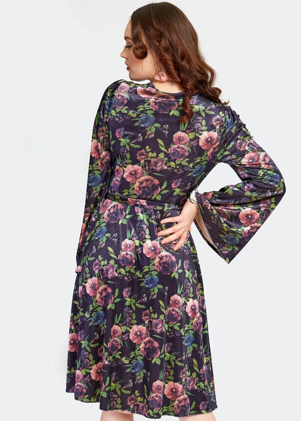 Voodoo Vixen Secret Garden Velvet Floral 70's Wrap Dress Navy