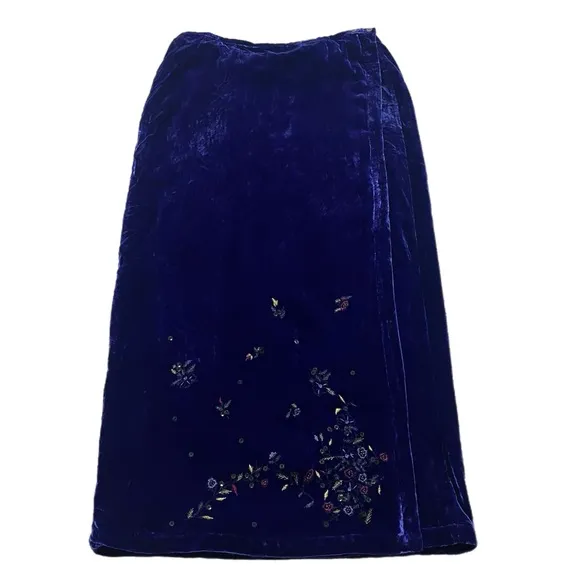 VTG Ultraviolet Blue Velvet Fairy Floral Embroidery Whimsy Midi Wrap Skirt M/L