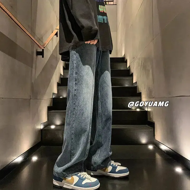 Washed Wide-Leg Gradient Straight Jeans