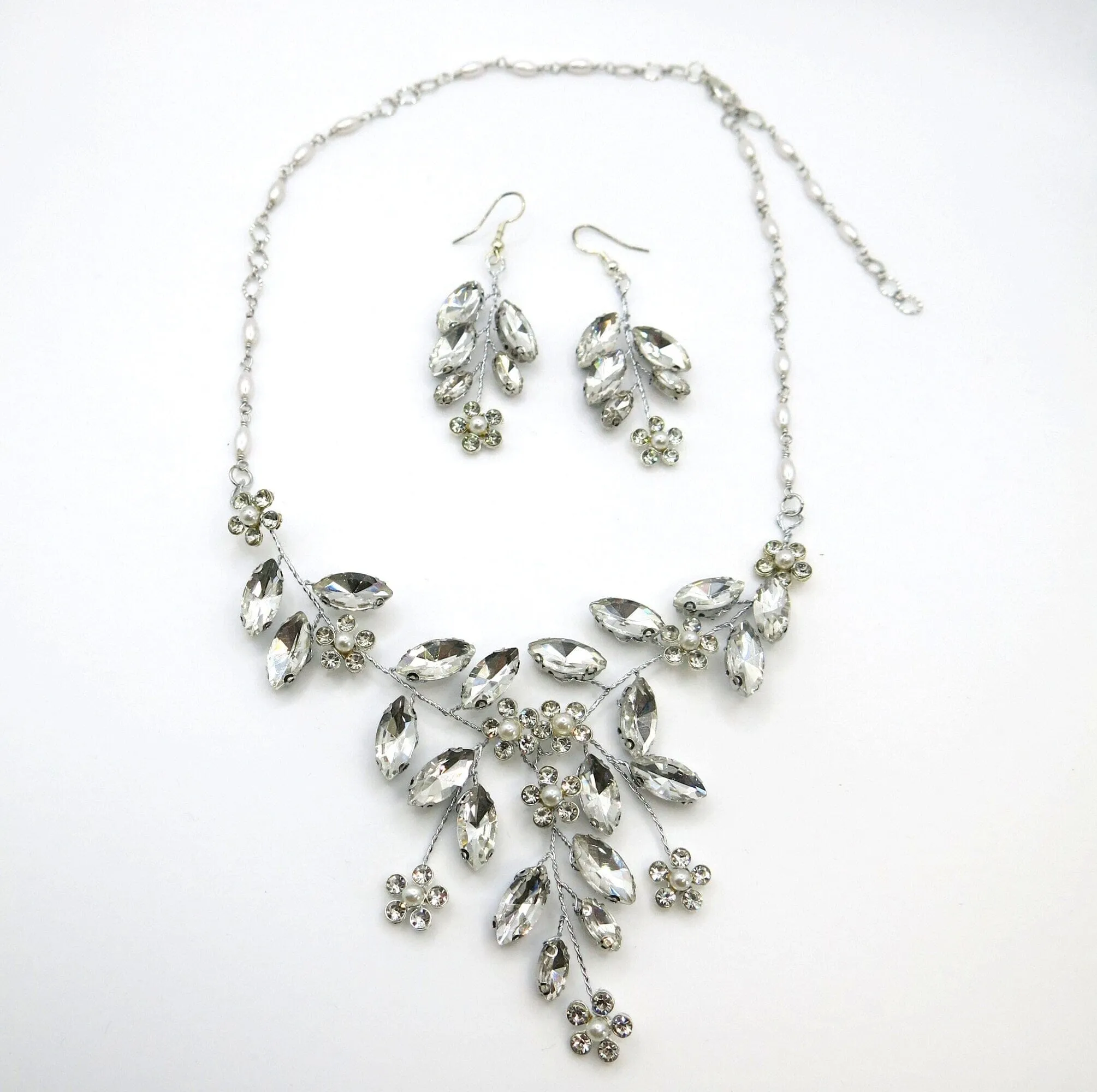 Wedding 3 PC Crystal Wire Jewelry Set, Clear Crystal Flower Necklace and Earrings, Bridal Floral Gem Jewelry Set