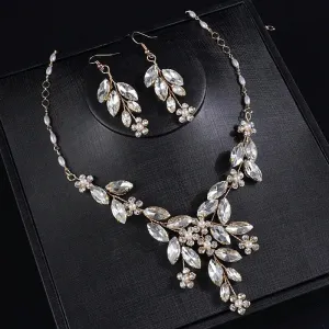 Wedding 3 PC Crystal Wire Jewelry Set, Clear Crystal Flower Necklace and Earrings, Bridal Floral Gem Jewelry Set