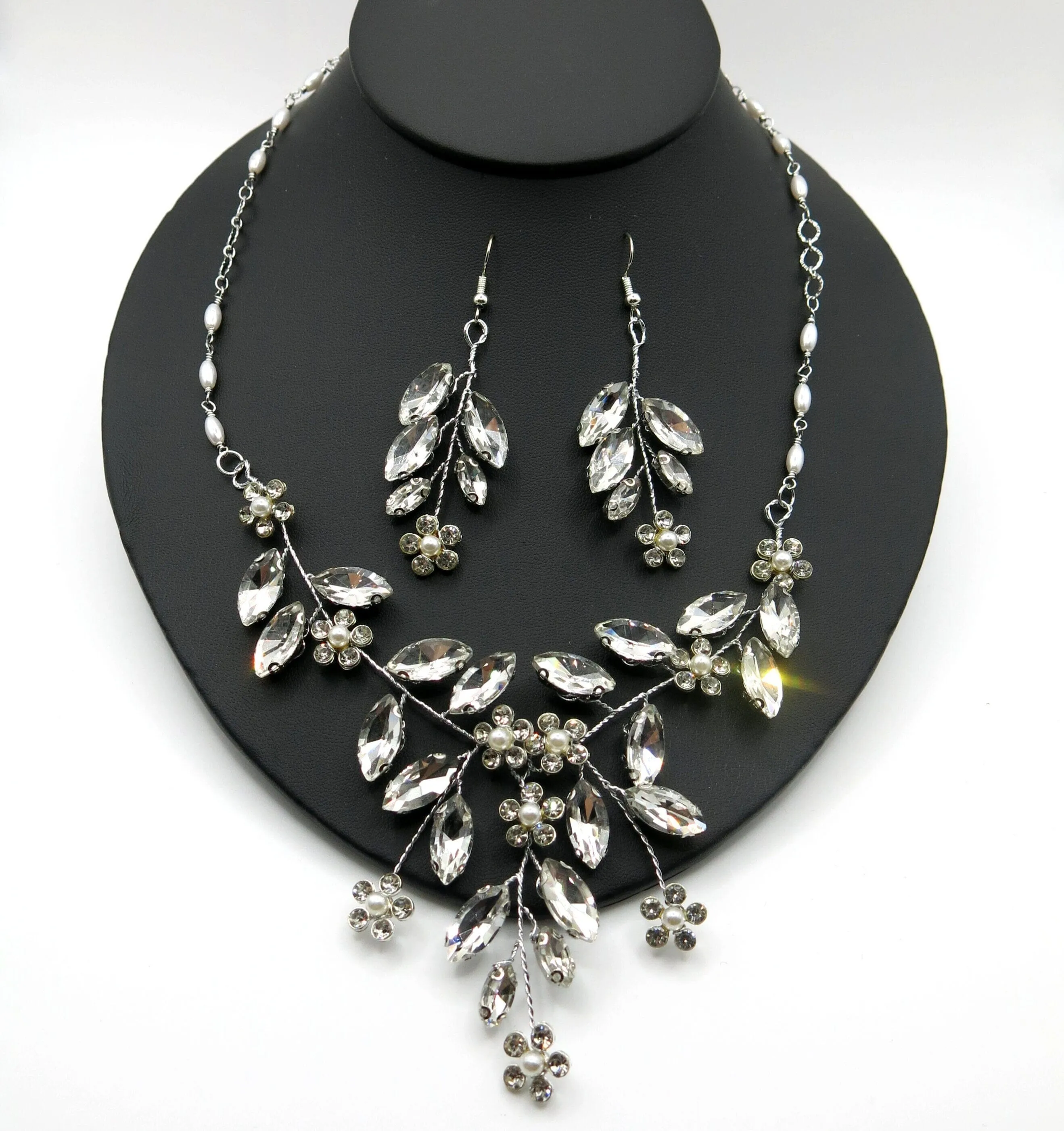 Wedding 3 PC Crystal Wire Jewelry Set, Clear Crystal Flower Necklace and Earrings, Bridal Floral Gem Jewelry Set