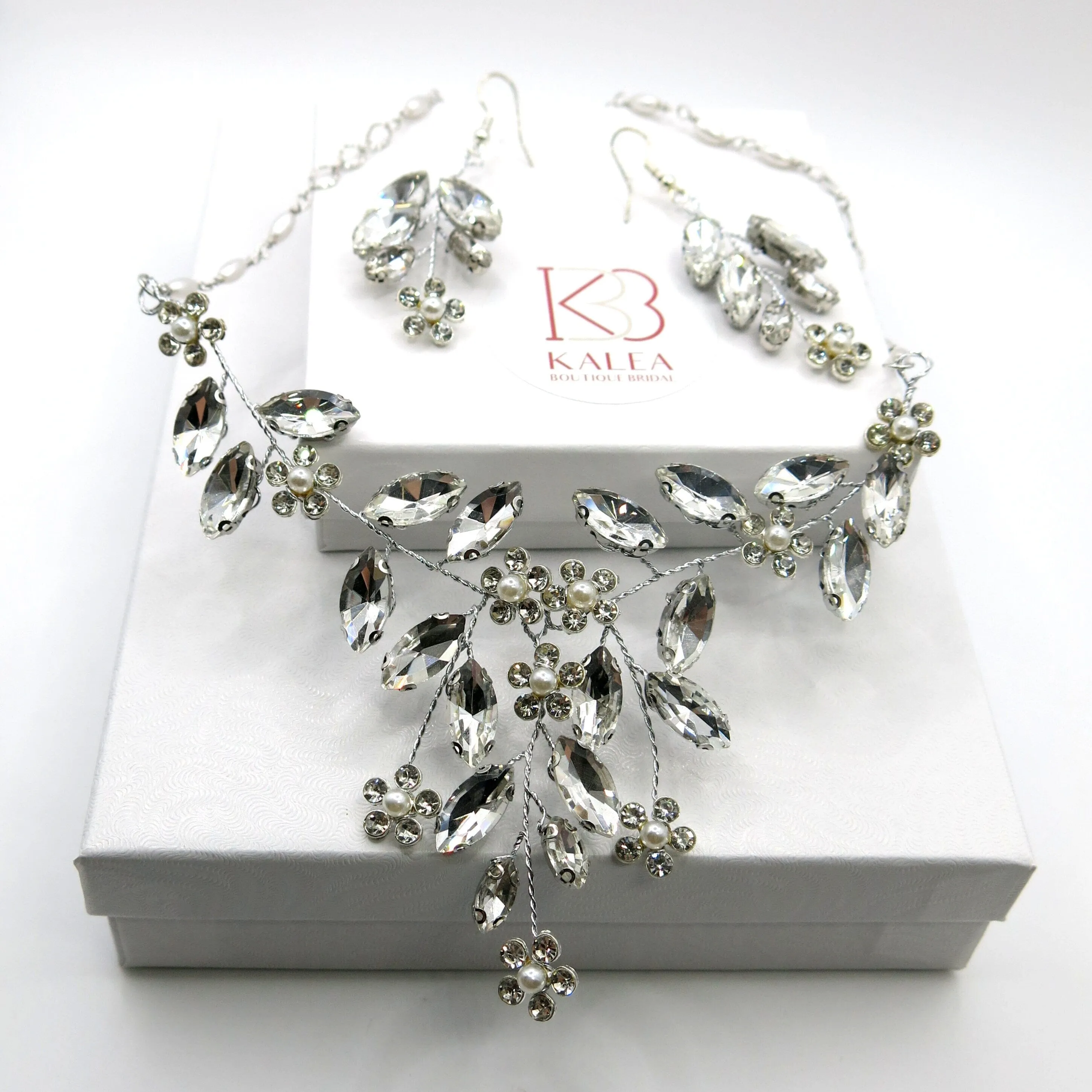 Wedding 3 PC Crystal Wire Jewelry Set, Clear Crystal Flower Necklace and Earrings, Bridal Floral Gem Jewelry Set