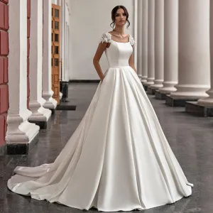 Wedding Dress Cap Sleeve Scoop Neck Flowers Court Train A Line Bridal Gown