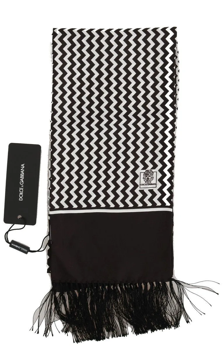 White Brown Zig Zag Silk Fringes Scarf