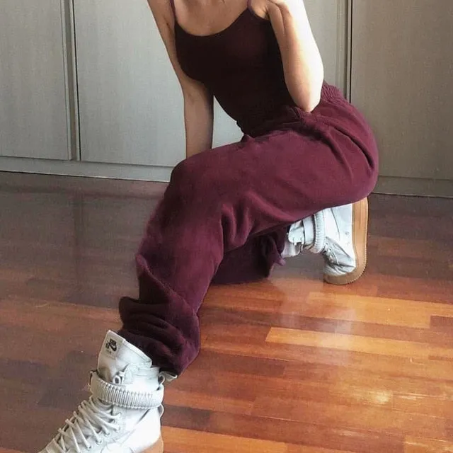 Women Plus Size Black Winter Wide Leg Sweat Pants