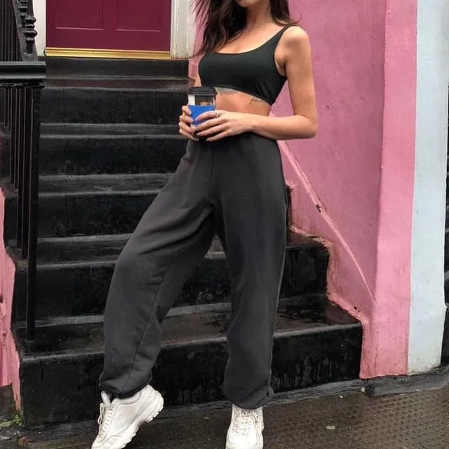 Women Plus Size Black Winter Wide Leg Sweat Pants