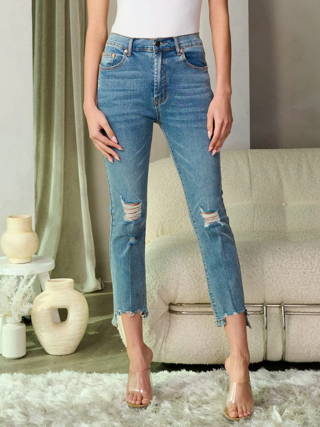 WOMEN'S BUTTON CLOSURE DISTRESS DENIM SKINNY PANTS