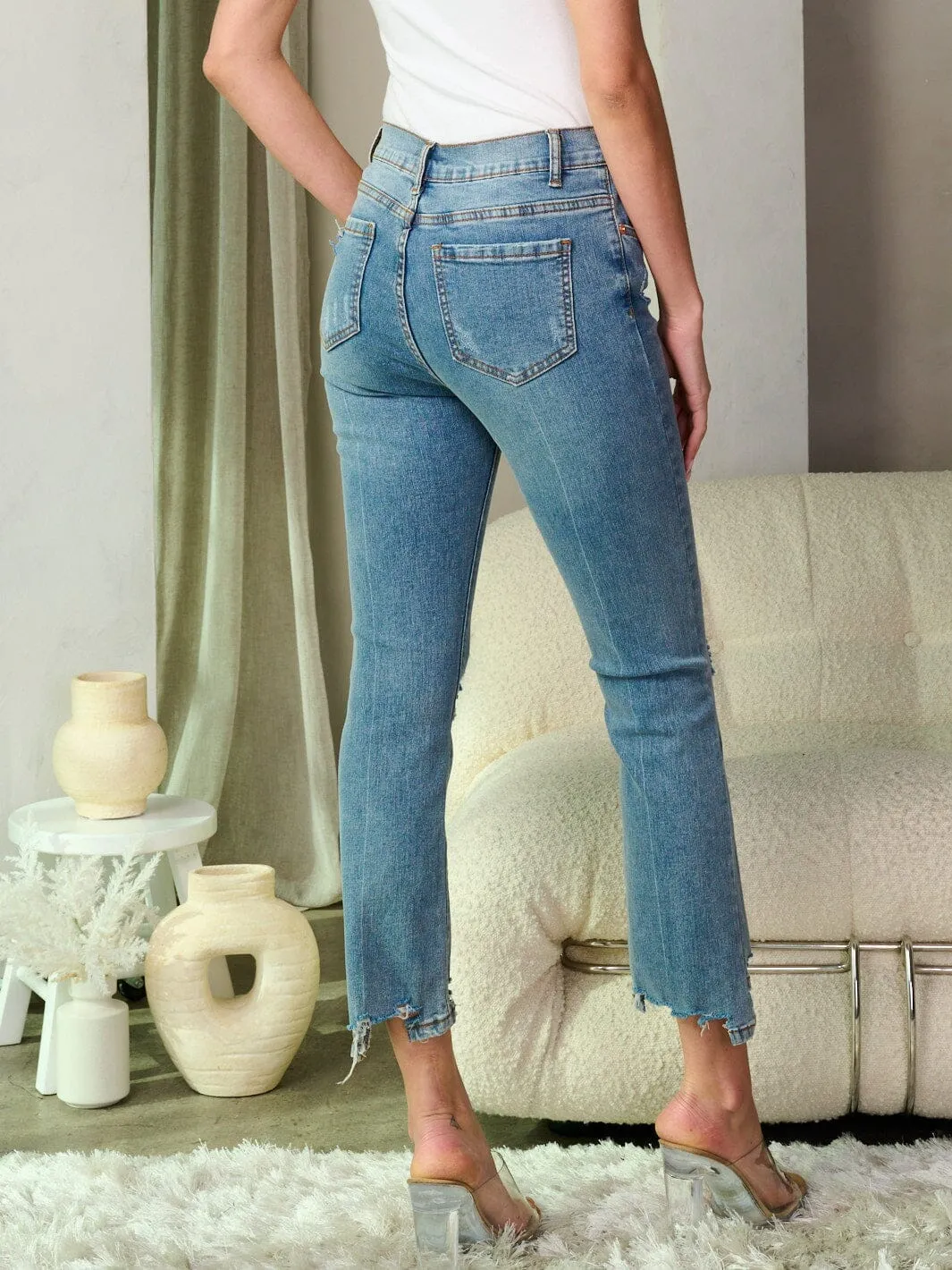 WOMEN'S BUTTON CLOSURE DISTRESS DENIM SKINNY PANTS