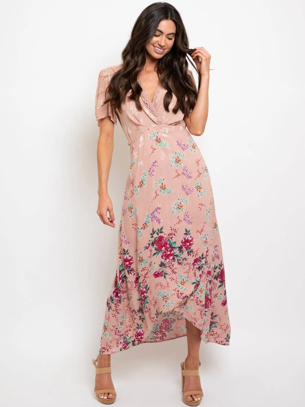 WOMEN'S CROCHET DETAIL FLORAL WRAP DRESS